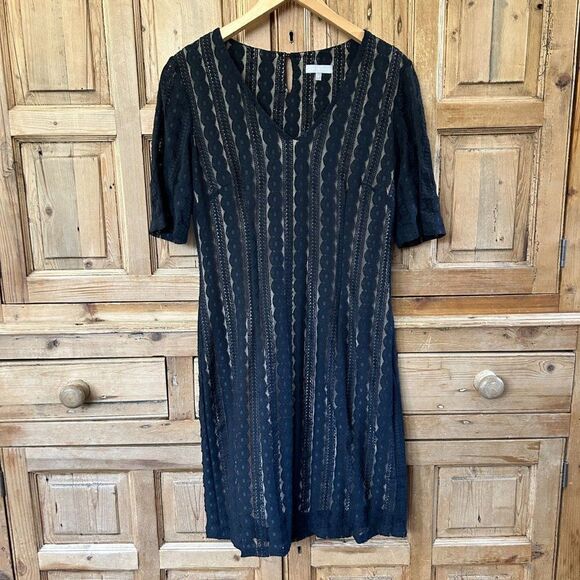 Ellie Kai 6 Black Lace Dress Short Sleeves V-Neck Classic Timeless Shift‎ - Picture 1 of 11